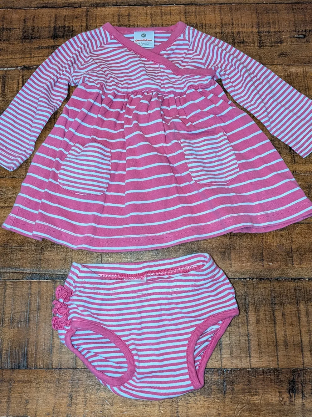 Hanna Andersson Pink & White Striped Dress with Matching Bloomers, 60, 3-6m